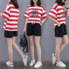 Set: Short-sleeve Striped T-shirt + Drawstring Shorts