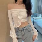 Ruffle Trim Off-shoulder Cropped T-shirt White - One Size