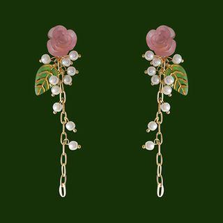 Flower Faux Pearl Drop Earring C-762 - 1 Pair - Pink & Gold & White & Green - One Size