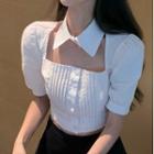 Collared Puff-sleeve Pintuck Blouse
