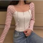 Long-sleeve Striped Panel Cropped Top White - One Size