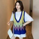 Elbow-sleeve Plain T-shirt & V-neck Print Waistcoat