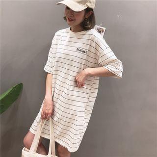 Striped Lettering Elbow-sleeve T-shirt Dress