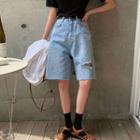 Slit Knee-length Denim Shorts