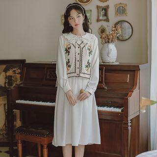 Set: Sweater Vest + Long-sleeve Plain Dress