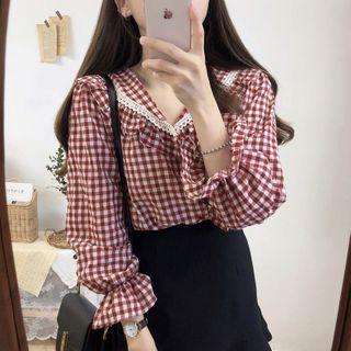 Plaid Sailor-collar Buttoned Blouse Red - One Size