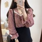 Plaid Sailor-collar Buttoned Blouse Red - One Size
