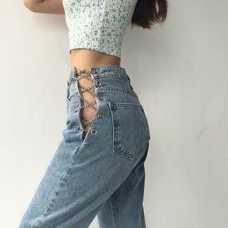 Lace-up High-waist Wide-leg Jeans