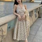 Halter-neck Floral Midi A-line Dress / Light Jacket