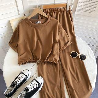 Set: Short-sleeve Drawstring Hem T-shirt + Sweatpants