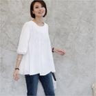 Round-neck Pleated Puff-sleeve Blouse