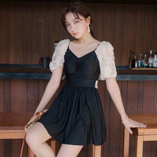 Lace Panel Short Sleeve Swimdress