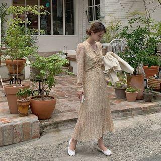 Pleated Floral Chiffon Long Dress