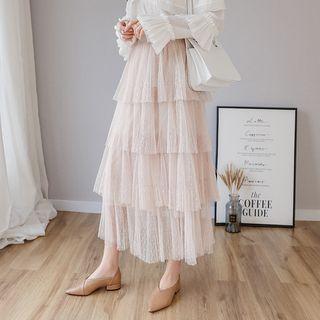 Mesh A-line Midi Tiered Skirt