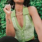 Button-up Collared Halter-neck Knit Cropped Top