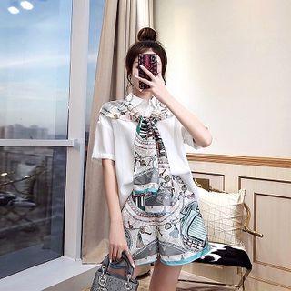 Set: Mock Two-piece Short-sleeve Blouse + Wide-leg Shorts