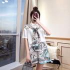 Set: Mock Two-piece Short-sleeve Blouse + Wide-leg Shorts