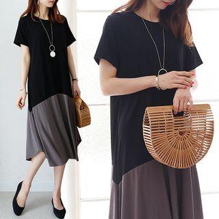 Two-tone Flared Short-sleeve Midi Dress