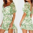 Puff-sleeve Floral Open-back Mini A-line Dress