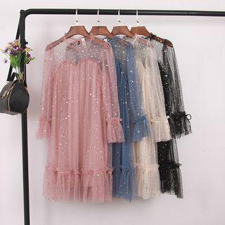 Bell-sleeve Sequined Mesh Dress