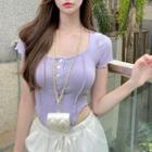 Short-sleeve Heart Button Irregular Slim-fit Top