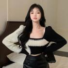 Long Sleeve Two Tone Panel Cropped Sweater Black & White - One Size