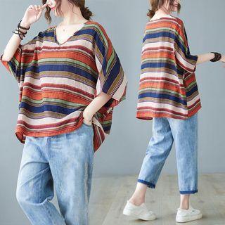 Short-sleeve V-neck Striped Loose-fit Top Orange & Almond & Blue - One Size