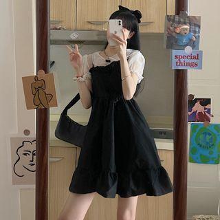 Puff-sleeve Lace Trim Top / Spaghetti Strap Frill Trim Mini A-line Dress