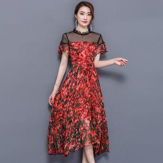 Mesh Panel Printed Short Sleeve Midi Dress