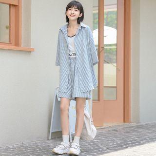 3/4-sleeve Plaid Shirt / Wide-leg Shorts
