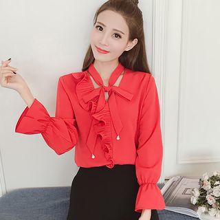 Tie Neck Ruffle Trim Chiffon Blouse