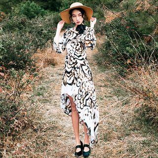 Long-sleeve Printed Dip Back Maxi Sundress