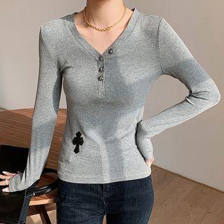 Long-sleeve V-neck Henley T-shirt