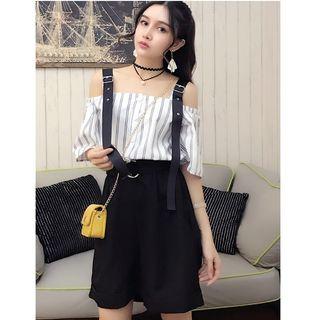 Set: Elbow-sleeve Off Shoulder Top + Wide Leg Shorts