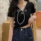Short-sleeve Lace-up Top Black - One Size