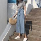 Set: Striped Short Sleeve T-shirt + Suspender Wide Leg Jeans