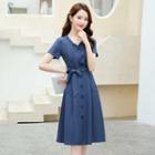 Short-sleeve Ruffle Trim Buttoned A-line Dress