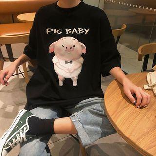 Elbow-sleeve Piggy Print T-shirt