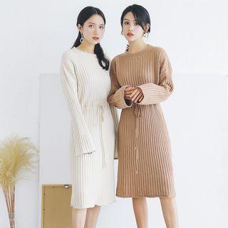 Drawstring Waist Ribbed Sweater Dress