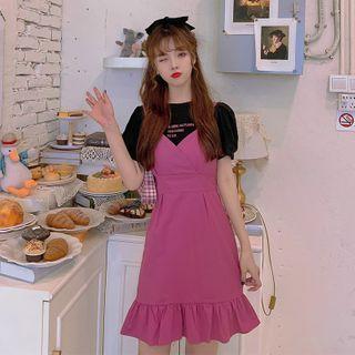 Set : Printed Letter Short-sleeved Top + Vest Dress