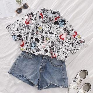 Short-sleeve Printed Blouse White - One Size