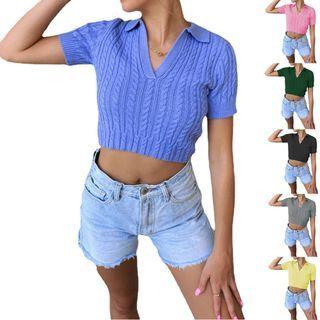Short-sleeve Crop Polo Knit Top