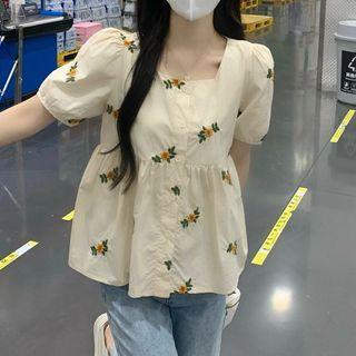 Short-sleeve Square Neck Floral Embroidered Blouse