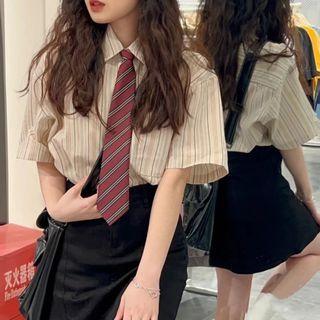 Short-sleeve Striped Shirt / Mini A-line Skirt / Set