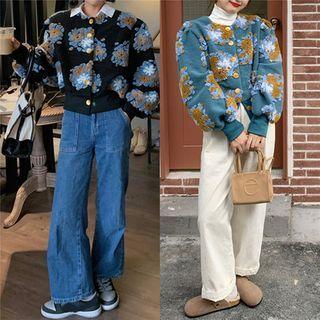 Flower Print Puff-sleeve Cropped Jacket