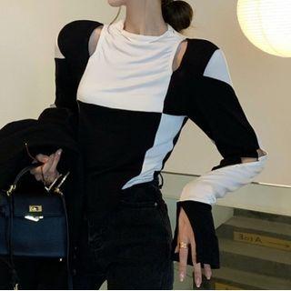 Long-sleeve Cut-out Color Block Top Black & White - One Size