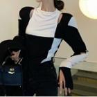Long-sleeve Cut-out Color Block Top Black & White - One Size