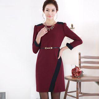 Two Tone Long-sleeve Sheath Dress With Belt
