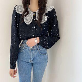 Long-sleeve Lace Collared Polka Dot Blouse