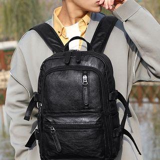 Faux Leather Side Buckled Backpack Black - One Size